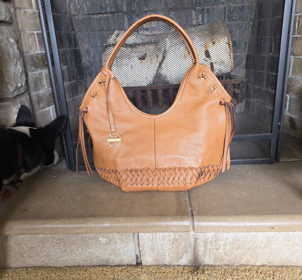 Tan Leather Hobo Bag with Woven Trim